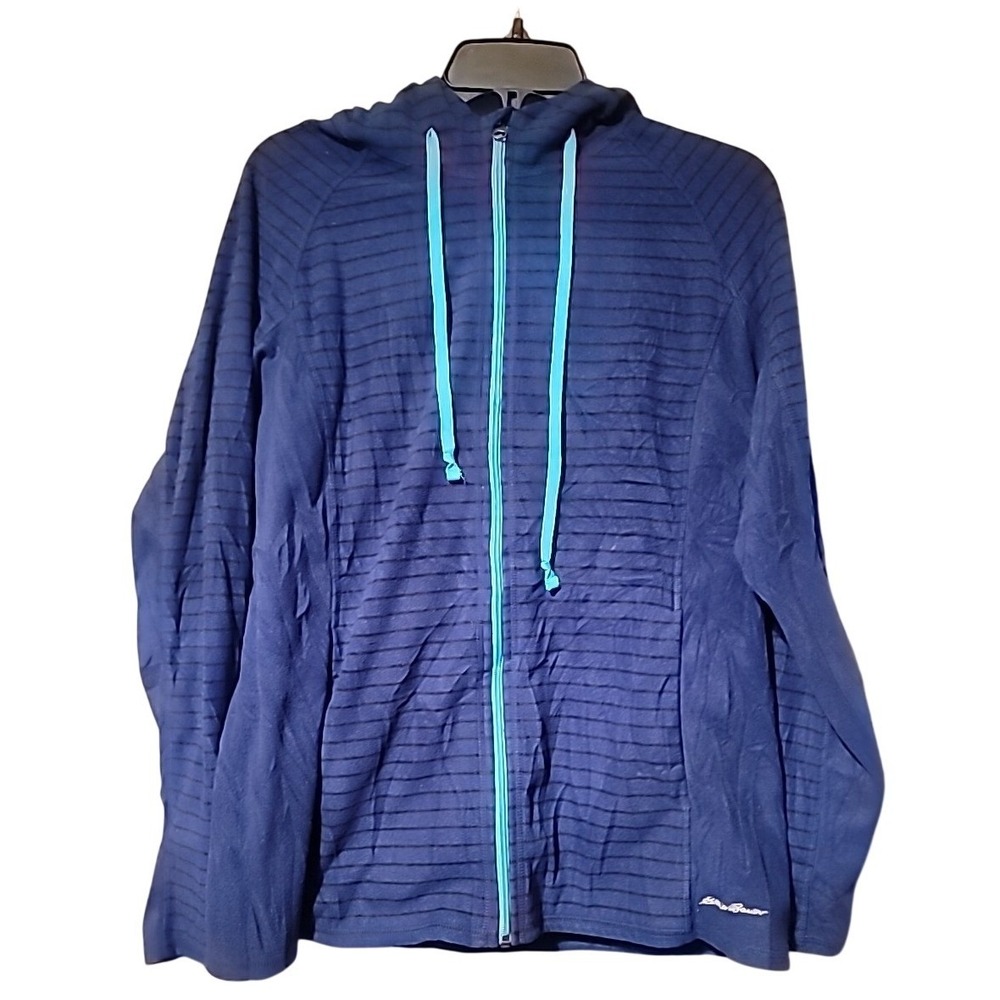 Eddie Bauer Mens XL‎ Full Zip Hoodie Navy Blue Teal Stripe Performance Fleece